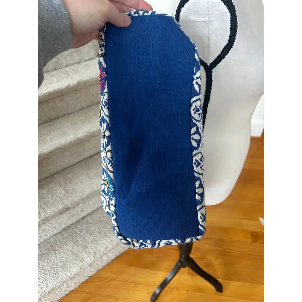 Stephanie Nicole Blue White Mosaic Beaded Floral Indian Tote Bag